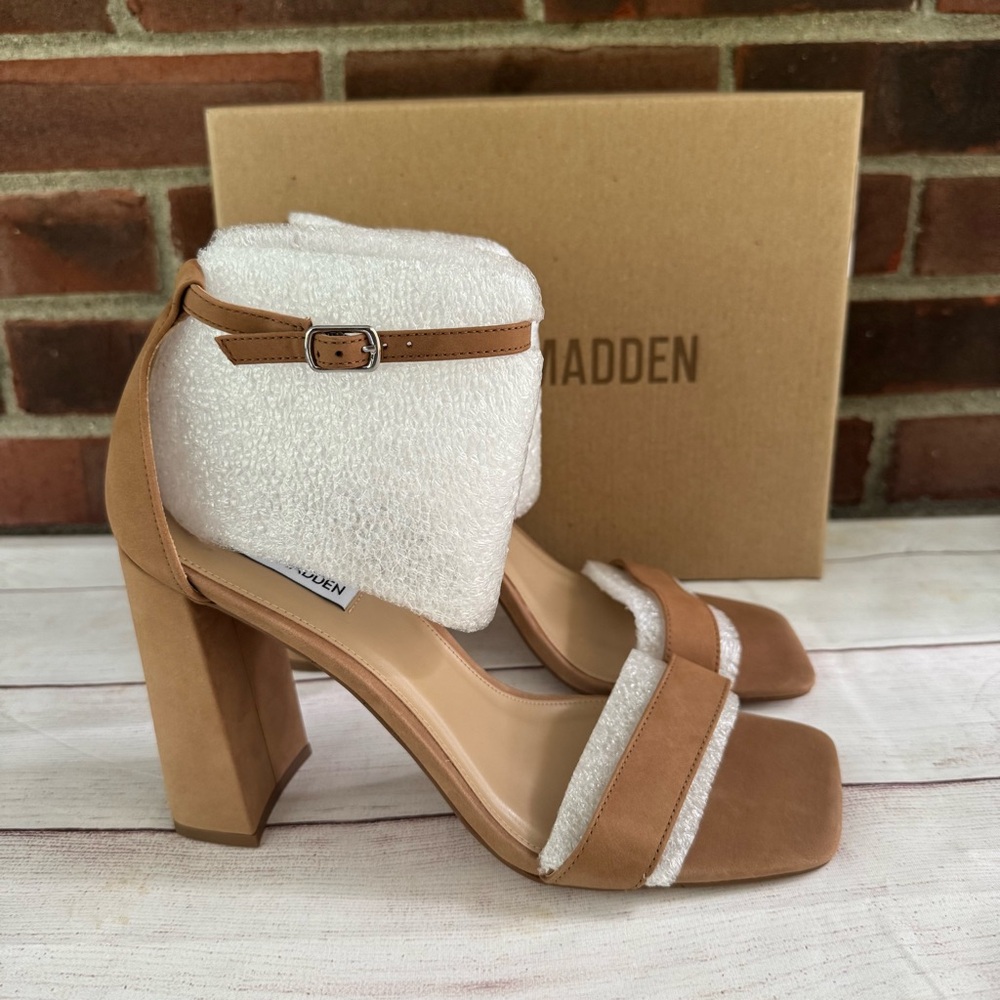 Steve Madden Tan Block Heel Sandals with Cream Accent